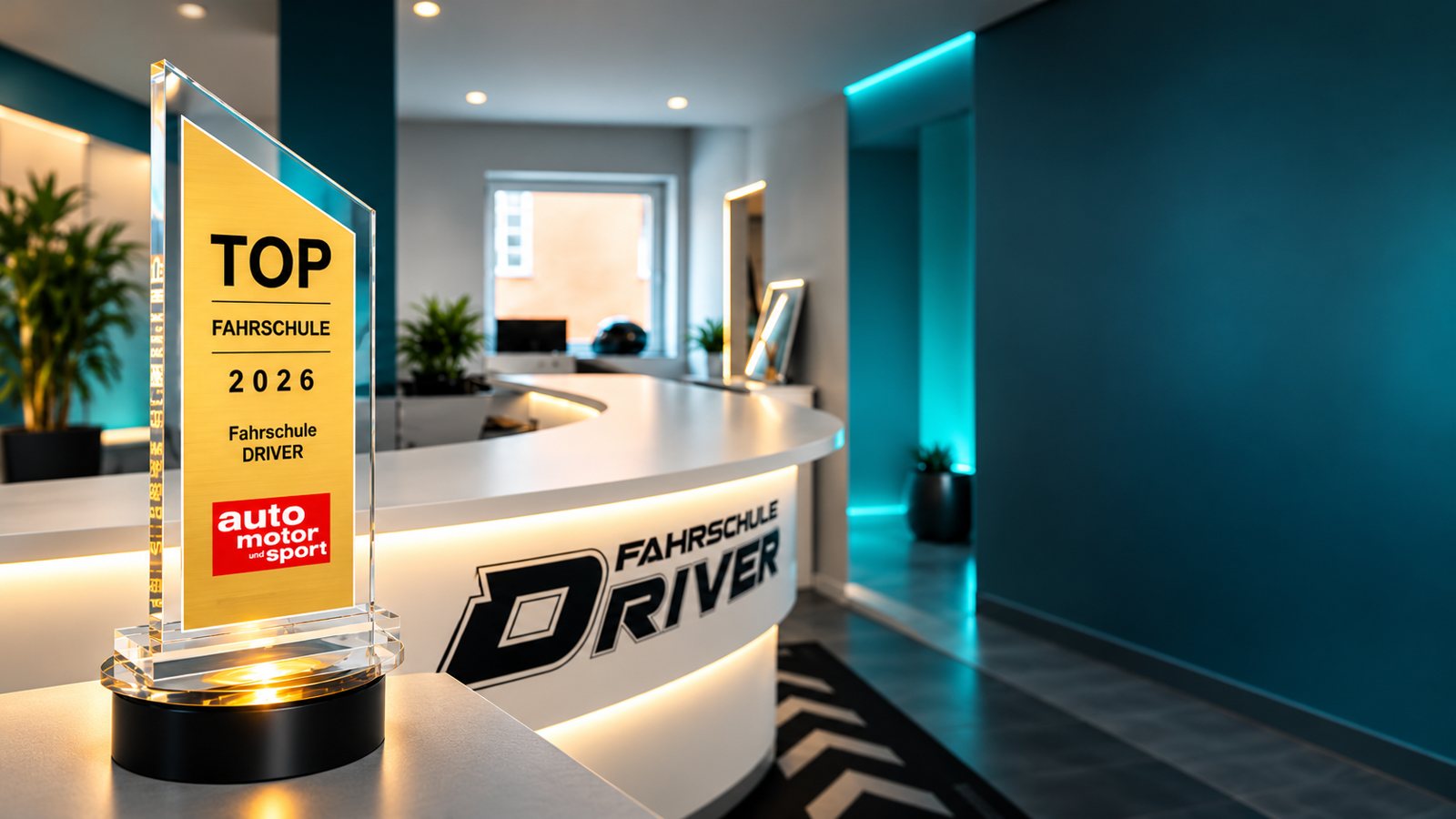 Auszeichnung Top Fahrschule 2026 am Empfang der Fahrschule DRIVER